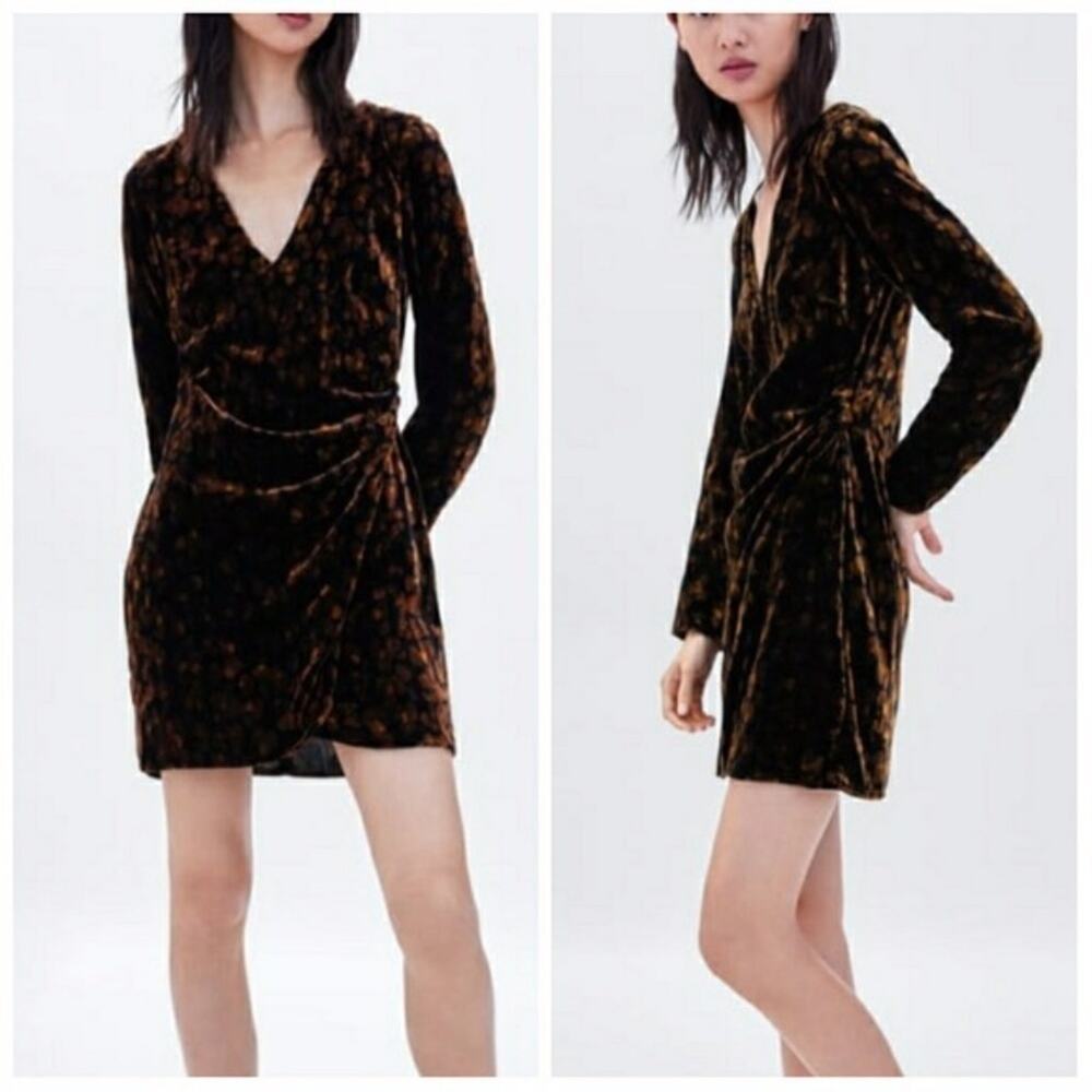 Zara Animal Print Velvet Faux Wrap Dress